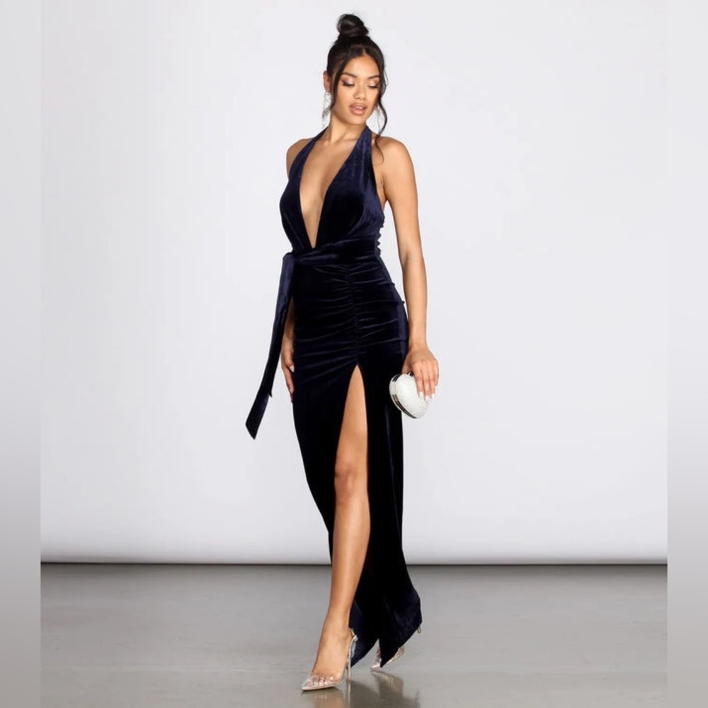 Navy Velvet Halter Evening Max High Split Dress